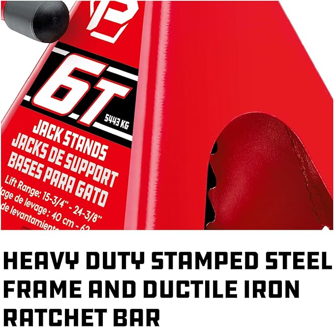 Powerbuilt 6 Ton Ratchet Jack Stands, Wide Stance Stability, Vehicle Car Lifting Range 15-1/2 Inches to 23-1/2 Inches - Red 647511