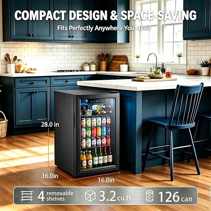Beverage Refrigerator, 3.2 Cu.Ft Mini Fridge with Glass Door & Air Cooling, and Electronic Temperature Control for Beer, Wine, Soda, Compact Drink Fridge for Home, Office, Bar (3.2 Cu.Ft)