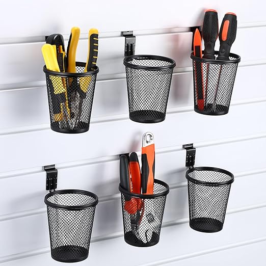 Briwooody 6 Set Slatwall Accessory Cups with Hook, Slatwall Holder Organizer Accesories, Slat Wall Bin Metal Mesh Pencil Tool Holder Steel Cups for Craft Garage Workshop Office Storage(Medium,Black)