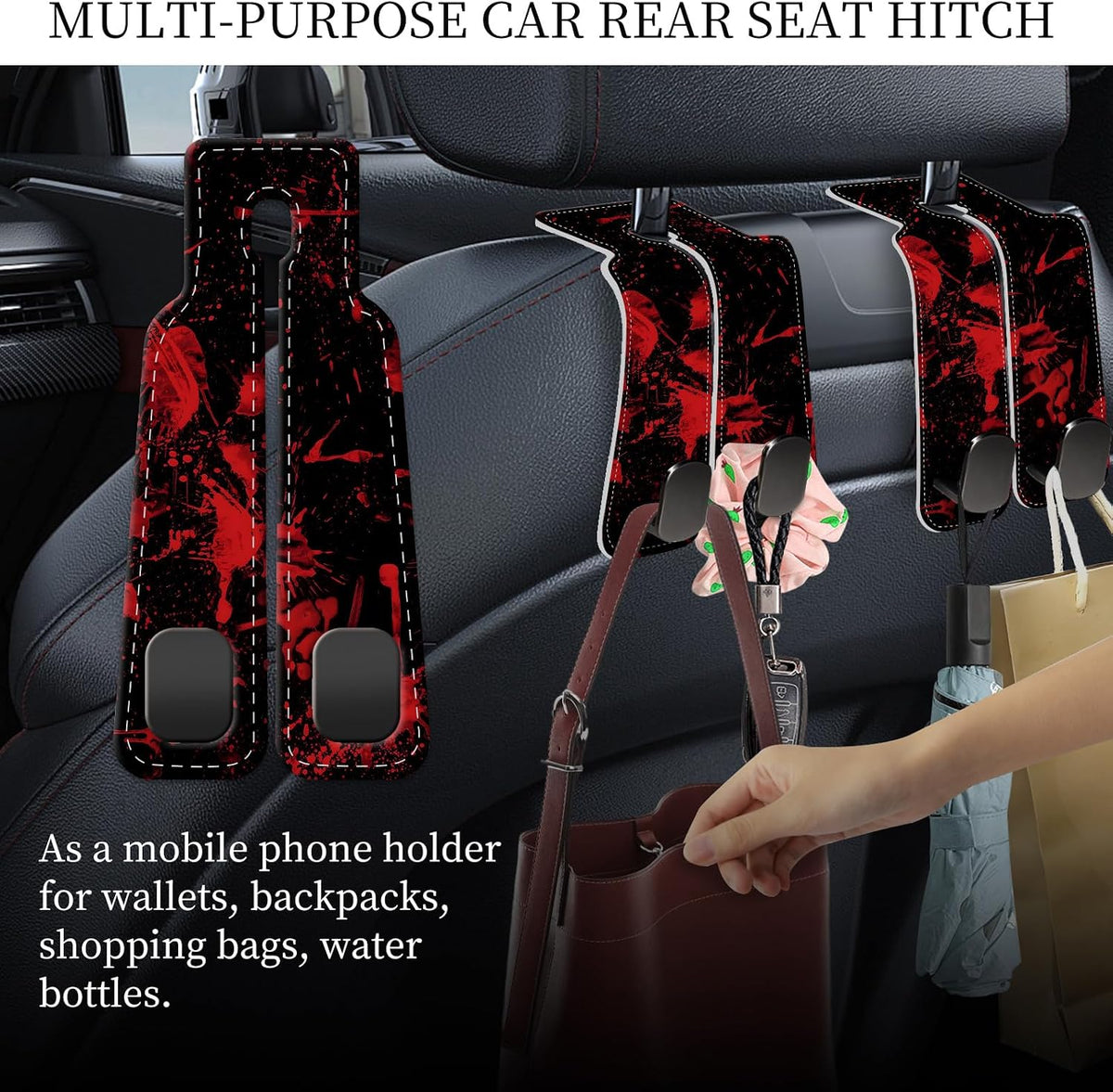PU Leather Car Seat Hook, Storage Headrest Hanger, Cute Car Backseat Organizer, Car Hooks For Purses and Bags Dark Red Pattern