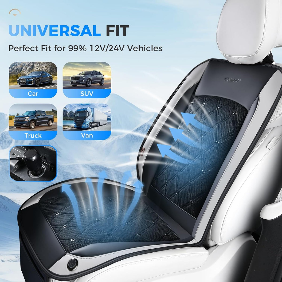 Coverado Cooling Car Seat Cover, 12V-24V Ventilated Front Seat Cushion for Car, 3-Speed Adjustable Seat Cover for Summer Driving Seat, Universal Fit for Car SUV Truck Van