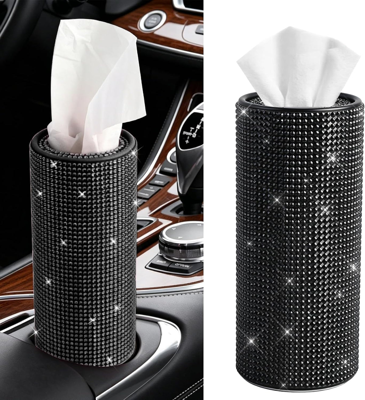 Bling Car Tissue Holder for Cup Holder, Car Organizer, Sparkly Diamond Automotive Interior Tissue Cylinder Storage Box, Cylinder Tissue Dispenser for Cars Decor Universal for Most Cars (Black)