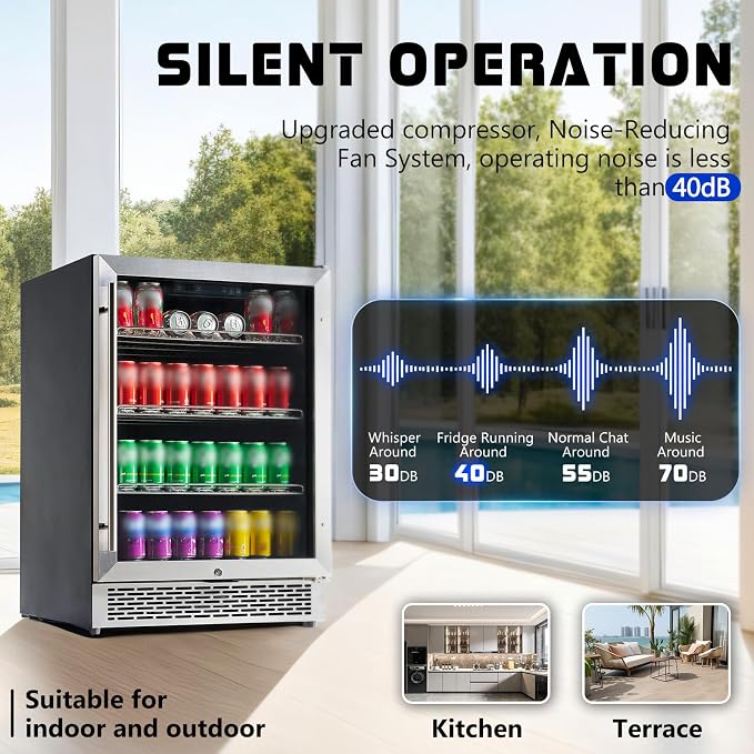 Albott 24 Inch Beverage Refrigerator, Under Counter Fridge with Glass Door | Adjustable Shelves, LED Touch Panel, Built-In or Freestanding Design for Wine and Beer, 34-64℉