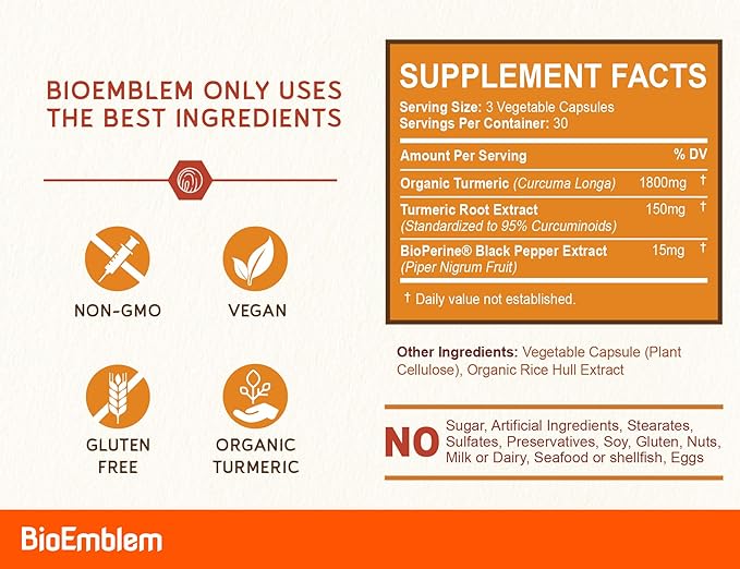 BioEmblem Turmeric Curcumin Supplement with BioPerine | Joint Support & Heart Health | with Organic Turmeric Powder & 95% Curcuminoids Extract | California Made, Non-GMO, 60-Day Supply