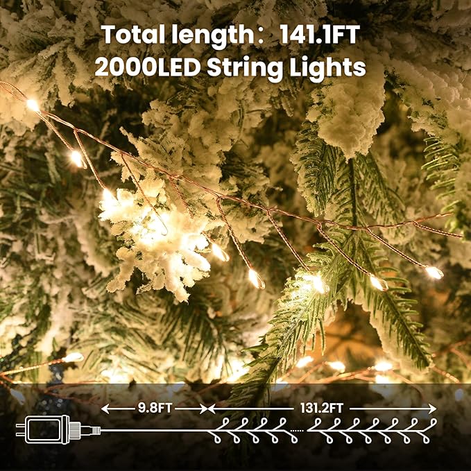 Dailyart Fairy Lights Plug in, 2000 Led Twinkle String Light with Remote 130Ft Waterproof 8 Modes Warm Cluster Lights with Timer for Bedroom Wreath Window Wedding Christmas Tree Decoration,Gold Wire