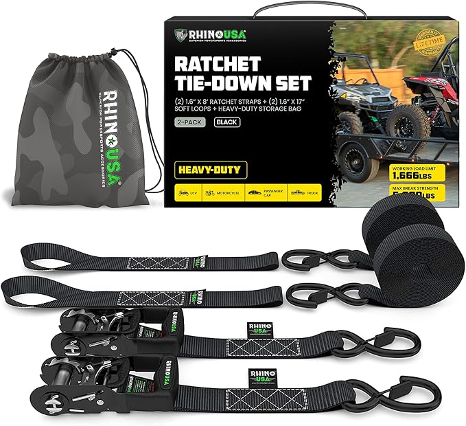 RHINO USA Ratchet Straps Tie Down Kit, 5,000 Break Strength - Includes Heavy Duty Rachet Tiedowns with Padded Handles & Coated Chromoly S Hooks + Soft Loop Tie-Downs