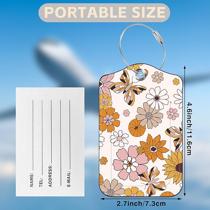 2 Pack Luggage Tags for Suitcases Retro Groovy Flowers and Butterfly Leather Luggage Tags Privacy Cover ID Label with Stainless Steel Loop and Address Card for Women Men Travel Bag Backpack