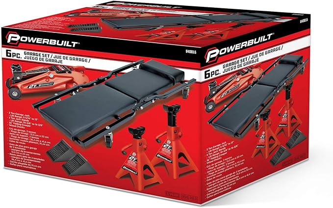 Powerbuilt 6 Piece Car Jack and Garage Creeper Service Set, 2 Ton Vehicle Lift, Jackstands, Folding Creeper, Wheel Chocks, Car Repair Garage Equipment - 640816, Large, Red