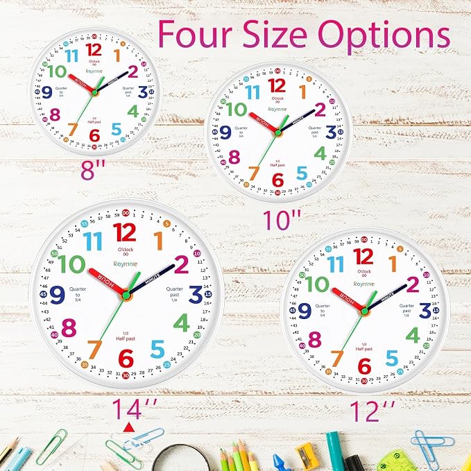 Roymnie14 Inch Wall Clock for Kids Learning to Tell Time Large Analog Silent