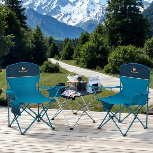 LET'S CAMP Folding Camping Chair Set - Portable 2 Pack with Cooler Bag & Cup Holder | Supports 350LBS, Blue