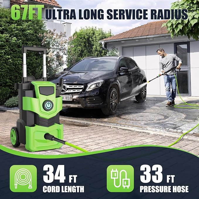 Adjustable Electric Pressure Washer 5000PSI with 33FT Flexible Extension Hose + 34FT Power Cord, 4 Nozzles, Foam Cannon, Best Power Washer for Cars, Patios, Driveways, Green