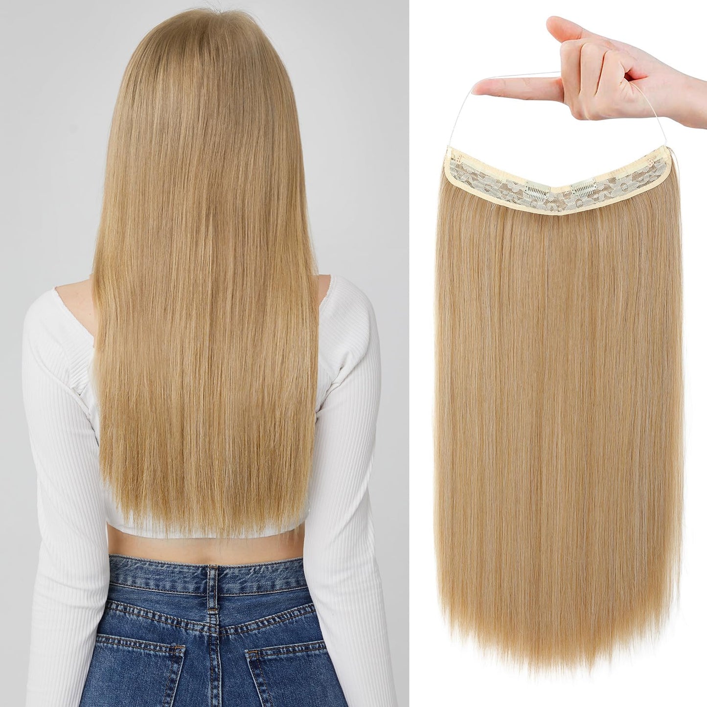 Reecho Invisible Wire Hair Extensions With Transparent Headband Adjustable Size Removable Secure Clips In Straight Secret Hairpi
