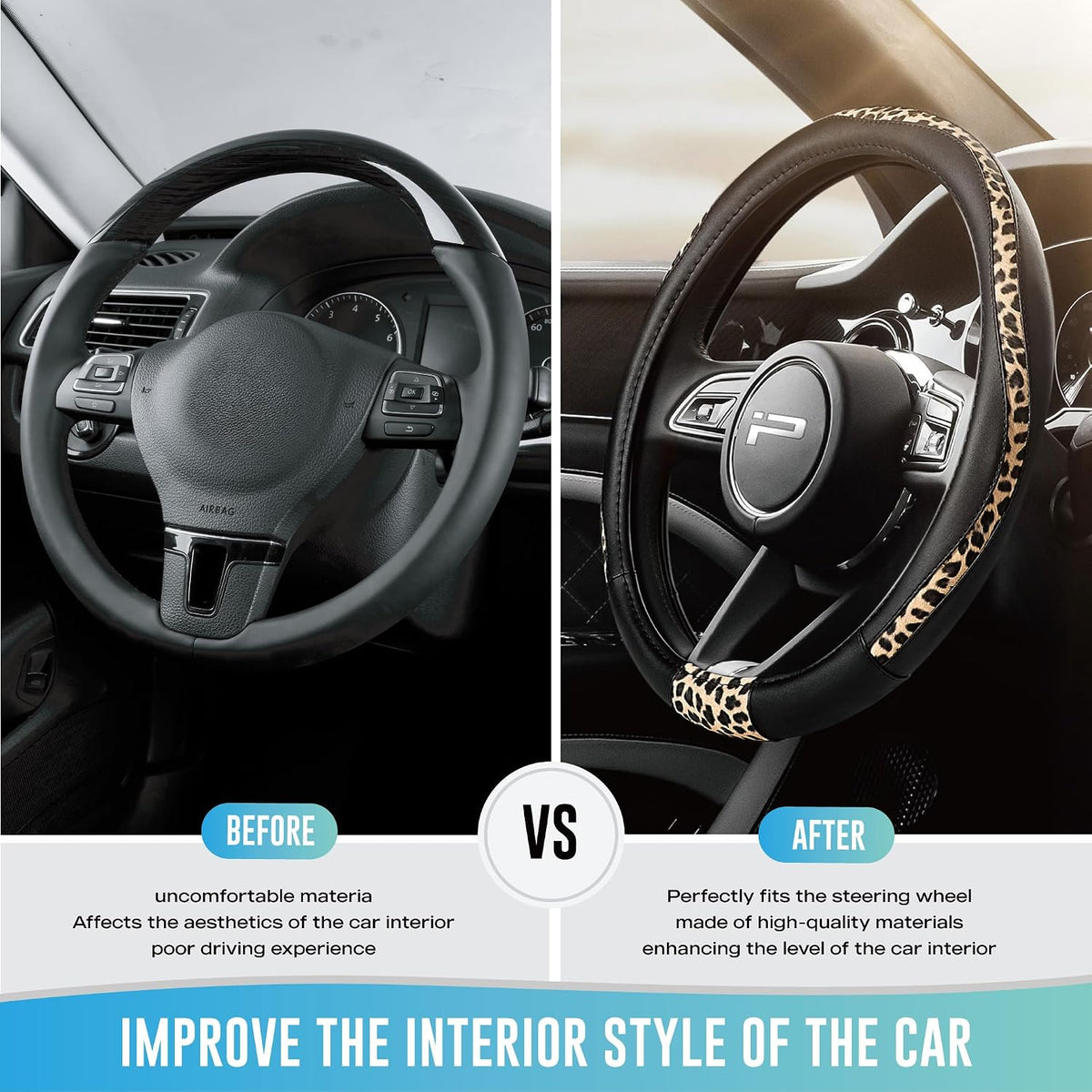 Road Comforts Steering Wheel Cover - Made with PVC Leather and Leopard Fabric - Universal 14 1/2 inches to 15 inches for Most Automotive Steering Wheel - Cheetah Print - Black