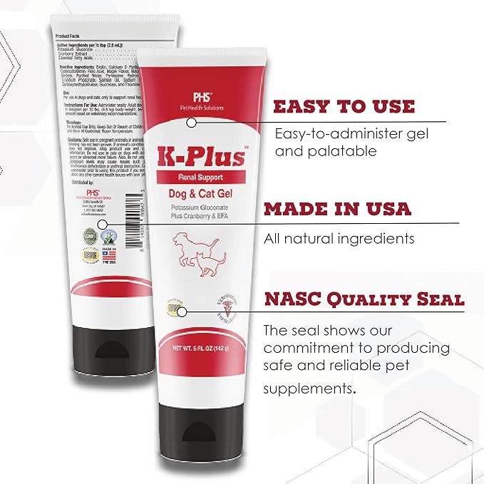 K-Plus Potassium Gluconate Renal Gel Plus Cranberry and EPA for Dogs and Cats - Veterinarian Approved Renal Supplement - Supports Potassium Balance - 5 oz
