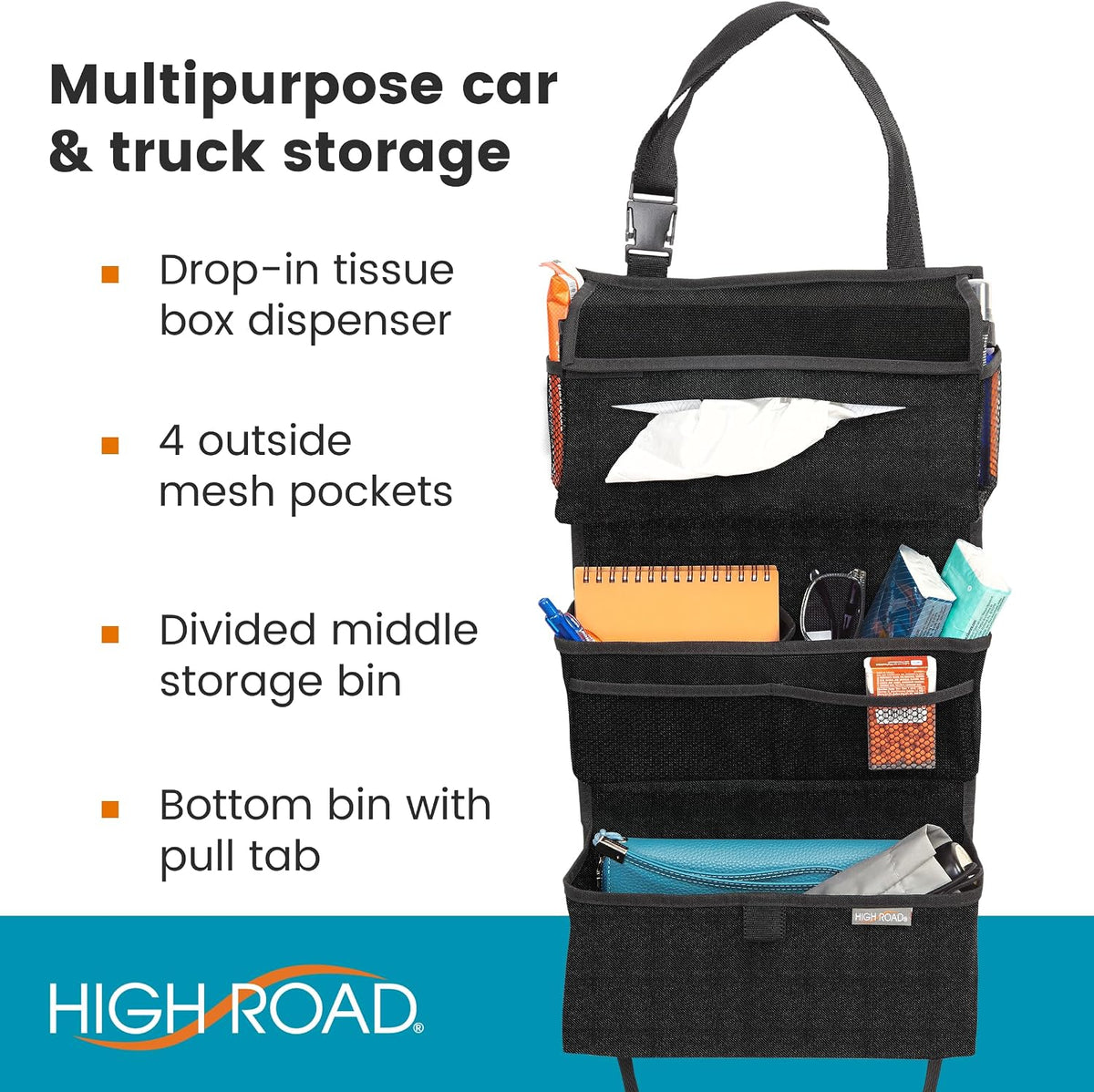 High Road Storage Organizer with Car Tissue Box Holder and Multipurpose Pockets - Back of the Seat or Front Seat Organizer for Driving Essentials - Slim and Compact Car Storage for All Vehicles