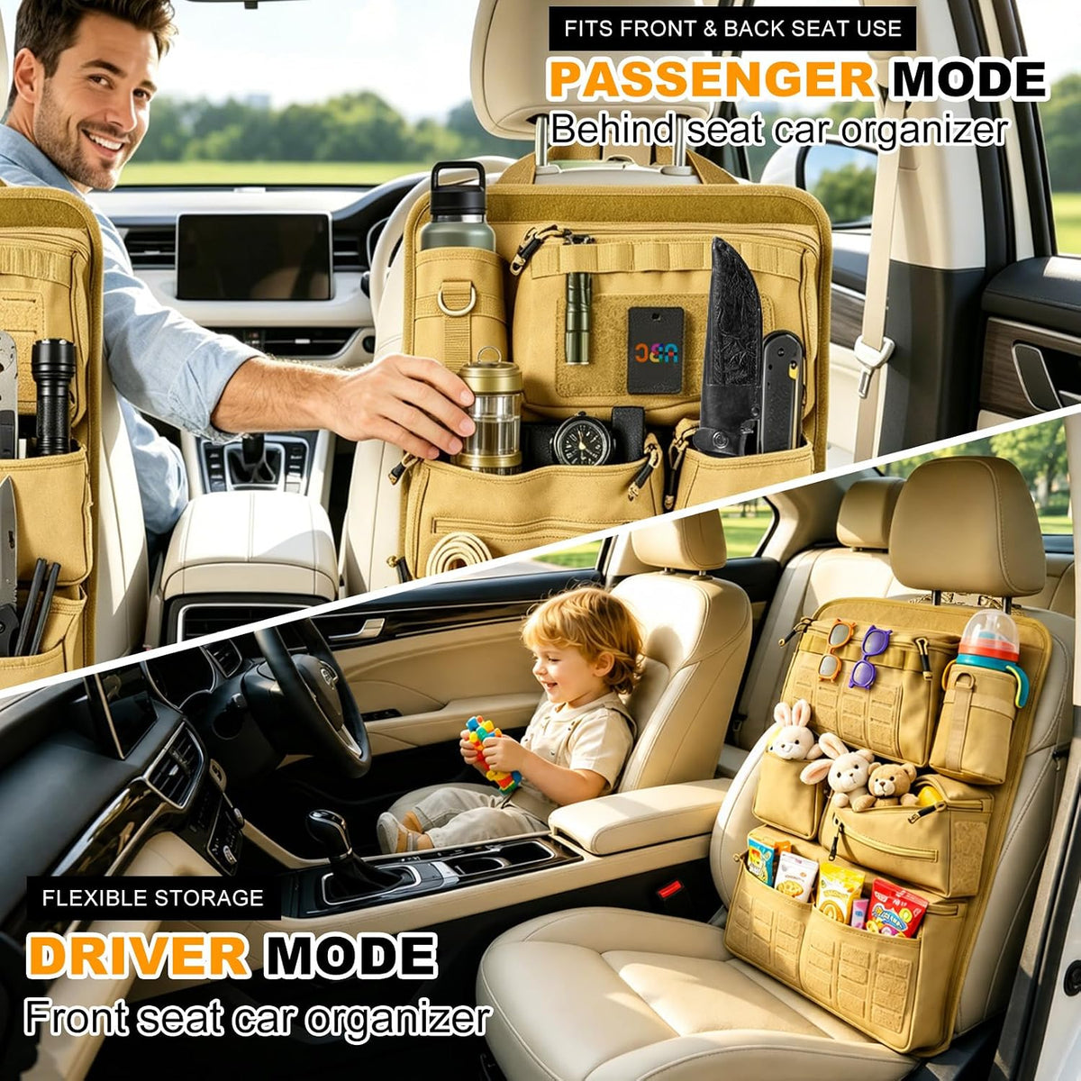 Universal Car Seat Back Organizer with 7 Storage Pockets, Khaki