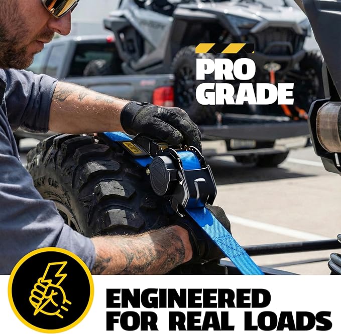 AUGO Retractable Ratchet Straps | 2 Heavy Duty Ratchet Straps Self Retractable Tie Downs with Soft Loops & Storage Bag for Motorcycle, Truck, Trailer, Cargo Van | 3000 Lb Break Strength 2” x 10’