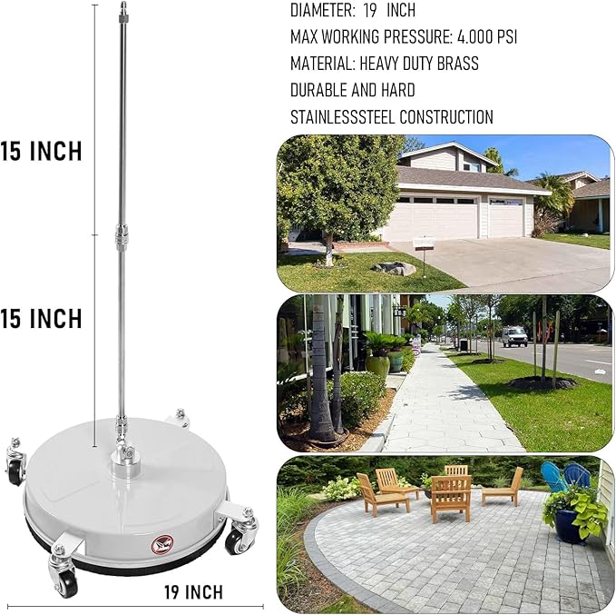 19" Pressure Washer Surface Cleaner with 4 Wheels, Stainless Steel Power Washer Surface Cleaner for Driveways Sidewalks Patios, 1/4" Quick Connector, 2 Extension Wand, 4000 PSI