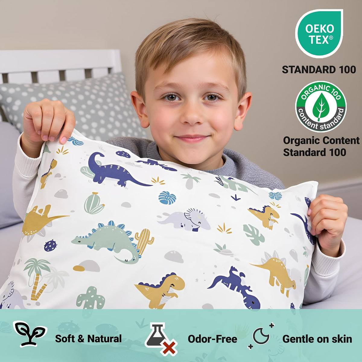 ZPECC Toddler Pillow with Pillowcase 2 Pack - 13x18 Organic Cotton Small Kids Pillow, Soft Breathable Bed Pillows for Sleeping Travel School Nap (Intended for Age 2 and up) Dinosaur