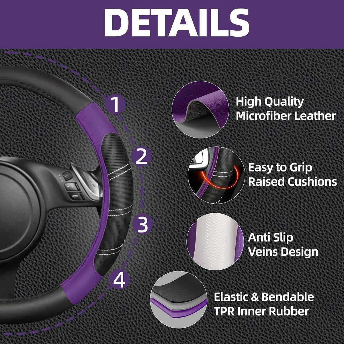 NBTEPEM 6 Pcs Purple Steering Wheel Cover Set, Sport Microfiber Leather Steering Wheel Cover 14.5-15inch Universal, Car Center Console Cover, Seat Belt Cushion, Cup Coasters, Purple Car Accessories