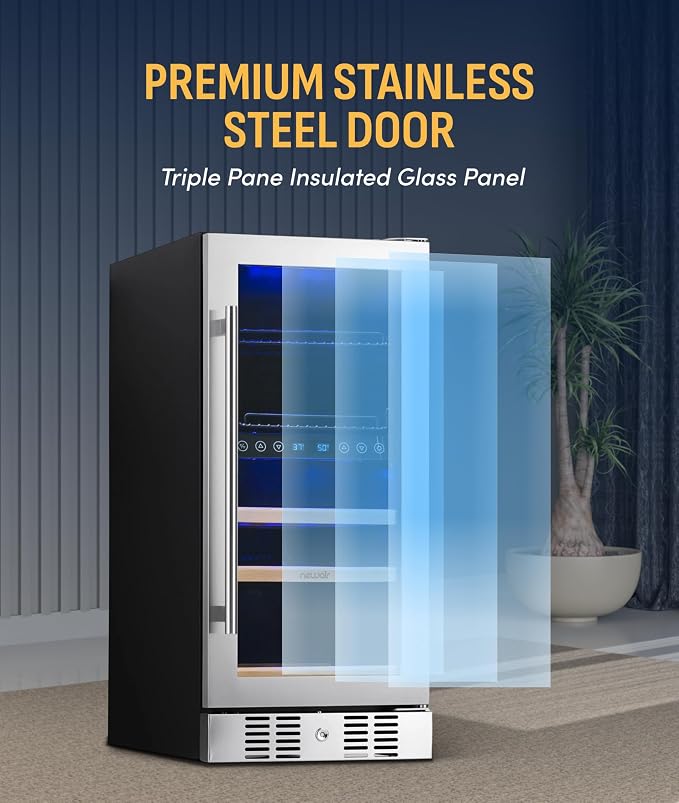 NewAir 15" Dual Zone Beverage Refrigerator & Wine Cooler for 9 Bottles & 48 Cans | Freestanding or Built-In Under Counter Mini Fridge for Beer, Wine and Soda | Stainless Steel