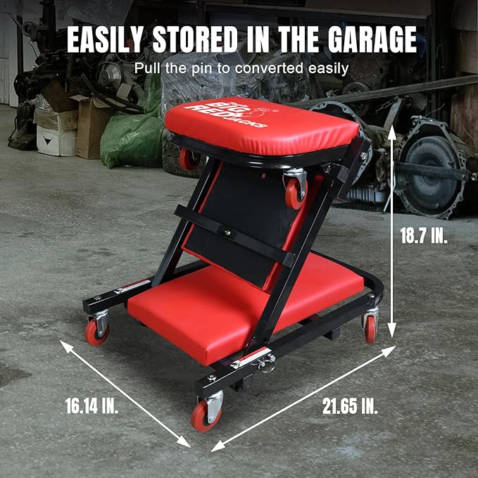 Big RED ATW4015ZR Torin ，40" Foldable Z-Creeper Seat，2-in-1 Garage/Shop Creeper，330 lbs Capacity，Low Profile Creeper with 6 pcs Wheels for Auto Repair，Garage and Shop，Lay Down or Sit，Red