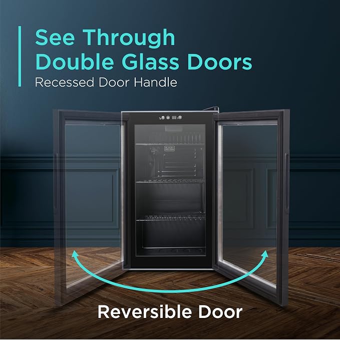 BLACK+DECKER 2.4 Cu. Ft. Beverage Cooler, BDB26HB | Beverage Fridge with Double Pane Glass Door, Drink Fridge with 76-Can Capacity for Home Bar, Home Office and More