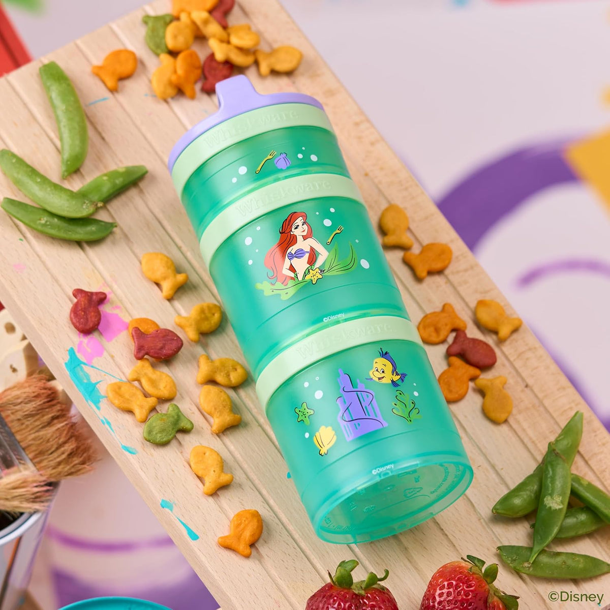 Whiskware Disney Princess Stackable Snack Containers for Kids, 3 Stackable Snack Cups for School and Travel, Ariel and Flounder
