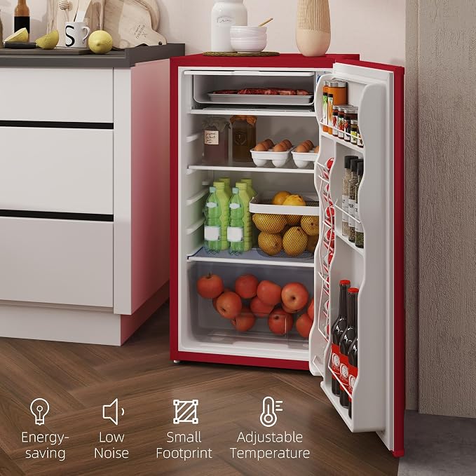 HOMCOM 3.2 Cu.Ft Mini Fridge with Freezer Single Reversible Door Red | Compact Refrigerator, Adjustable Thermostat, Shelf, for Bedroom Dorm Home Office, Energy Efficient