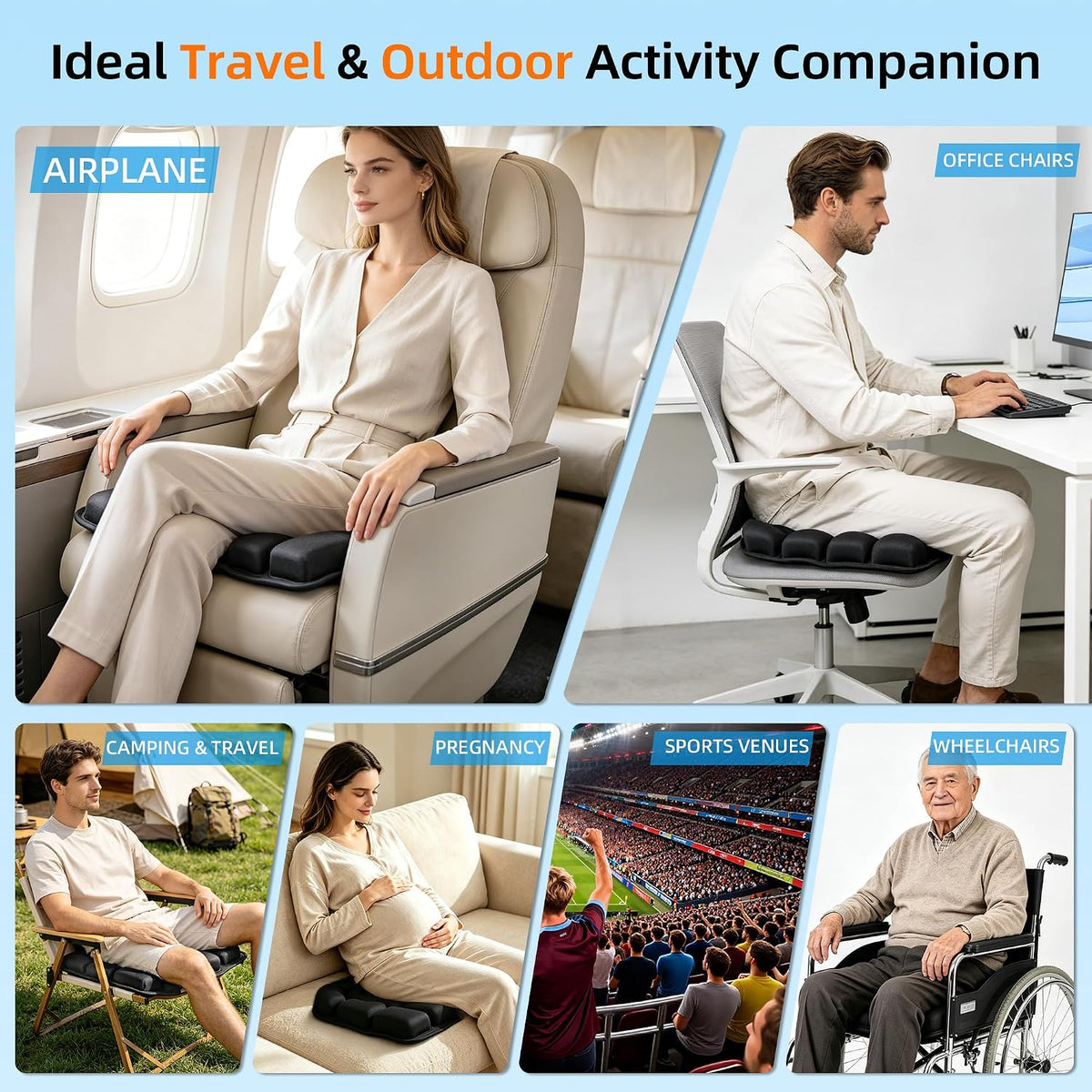 Sodurue Travel Cushion Airplane Seat,Airplane Seat Cushion for Long Flights,Press Type Air Inflatable Wheelchair Seat Cushion for Car,Office,Stadium,Ergonomic Comfort Support,Heavy Duty (36 Air Bag)