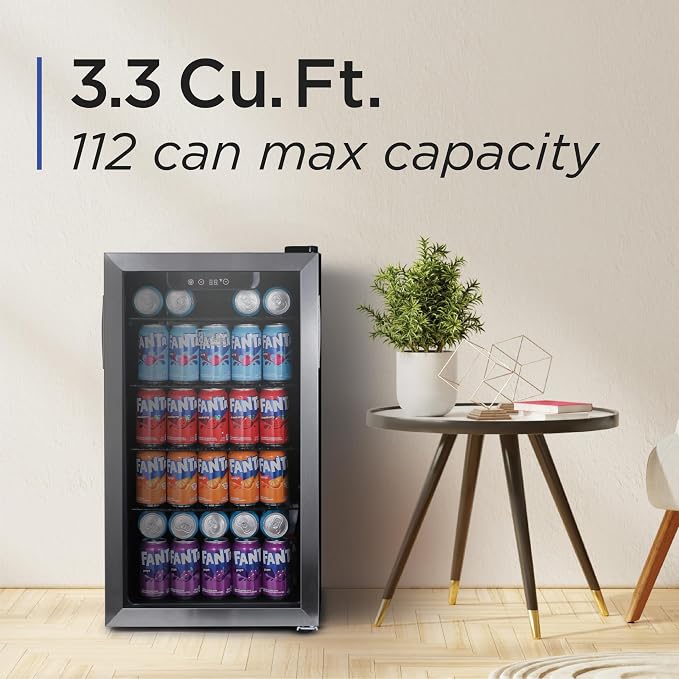 BLACK+DECKER 3.3 Cu. Ft. Beverage Cooler, BDB31HS | Beverage Fridge with Double Pane Glass Door, Drink Fridge with 112-Can Capacity for Home Bar and Home Office with LED Display