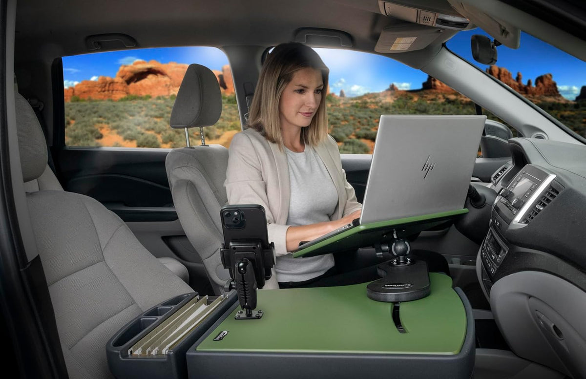 AutoExec Reach Desk Front Seat Car Desk and Portable Workstation with 400 watt Power Inverter, Phone Mount and Phone Vent Clip, Army Green