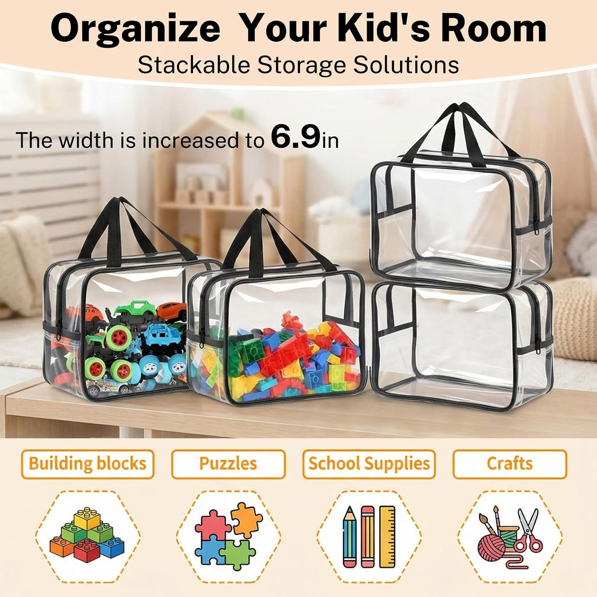 6 Packs Large Toy Storage Bags, Reusable Clear PVC Storage Bags with Zipper, Travel Waterproof Organizer Bags for Puzzles, Building Blocks,Board Game, Kids Books, Stationery (Black)