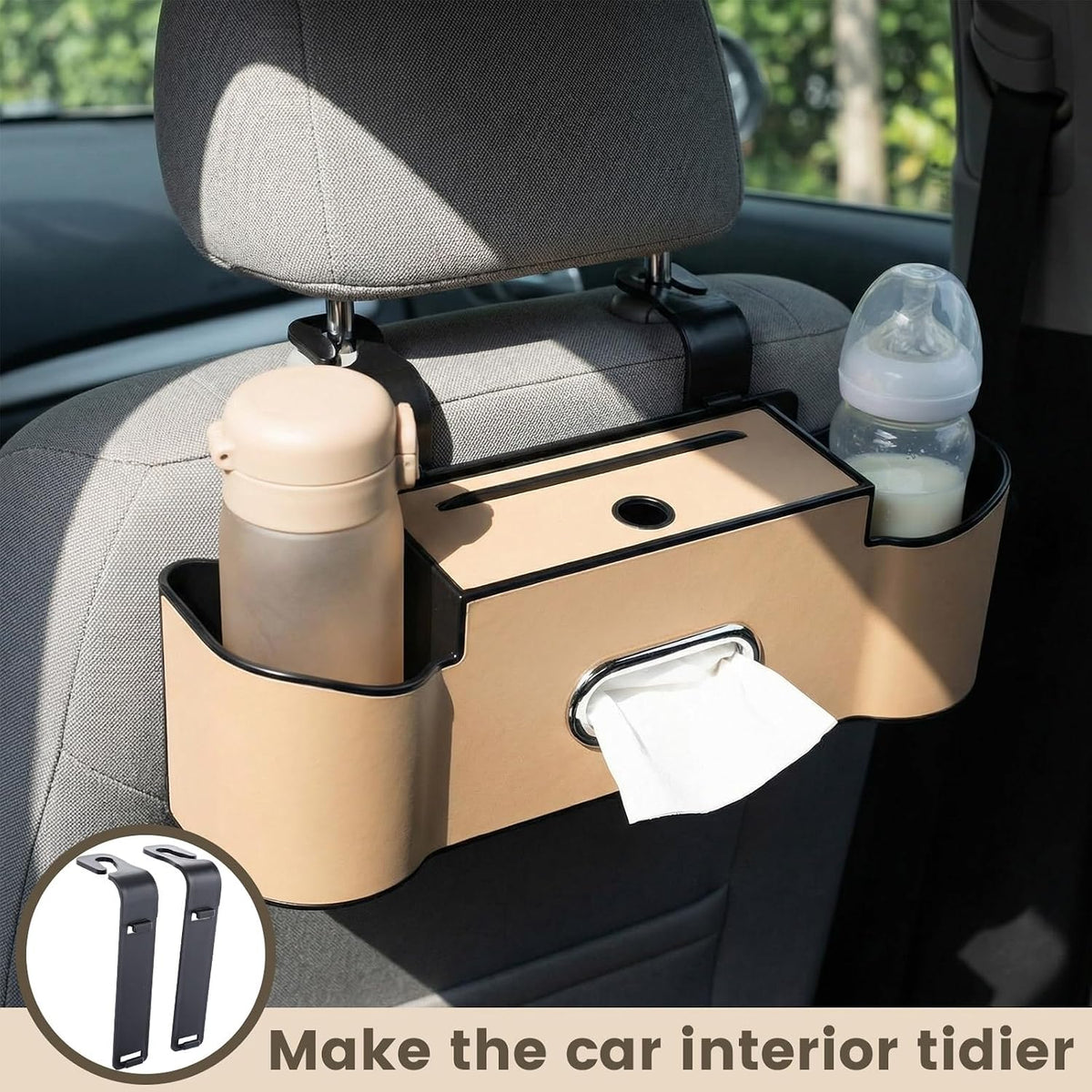 LemonRoad 2 Pack Car Seat Back Storage Box, Tissue 2 Cup Holders, Beige