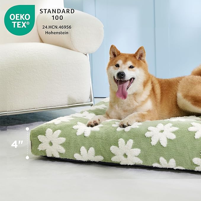LE SURE Extra Large Dog Bed-Thick Shredded Chopped Foam Pet Bed Indoor with Removable Cover, Cute Modern Fuzzy Plush & Anti Slip Bottom, Green