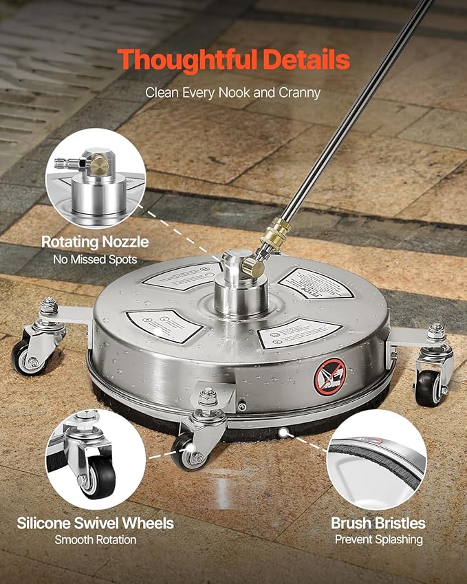 VEVOR 14 Inch Pressure Washer Surface Cleaner, 4000 PSI Stainless Steel Attachment with 4 Wheels, 2 Nozzles, 1/4 Inch Quick Connect and 2 Wands for Concrete, Patio, Deck