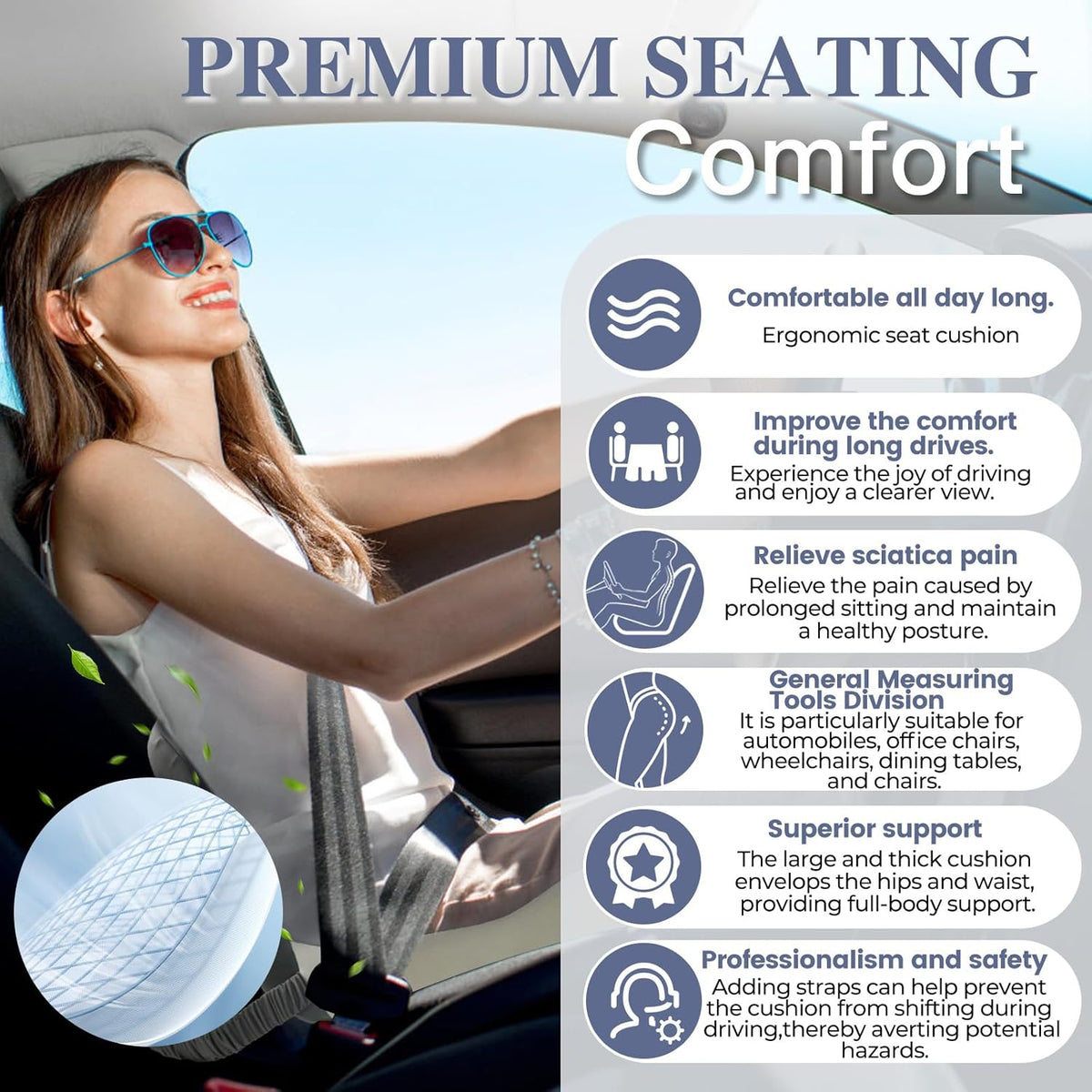 Memory Foam Seat Cushion for Sciatica & Back Pain Relief - Ergonomic Chair Pad with Adjustable Strap & Supportive Comfort Cover, Non-Slip for Car, Truck, Office Chair - Dark Gray&Light Gray