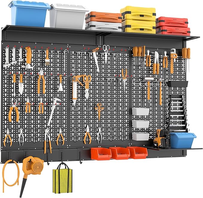 WALMANN 113 PCS Pegboard Wall Organizer Kit with Pegboard Hooks, Bins, Shelves, Pegboard Tools Storage System for Garage, Workbench, Modular Peg Board Tool Organizer Board with Hooks(Black)