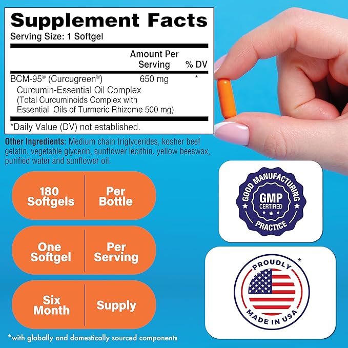Health Thru Nutrition Curcu-Gel 650mg BCM-95® CurcuGreen Turmeric Curcumin | High Absorption | Healthy Inflammation Response | Clinically Studied | 3rd Party Tested | Non-GMO (Pack of 180)