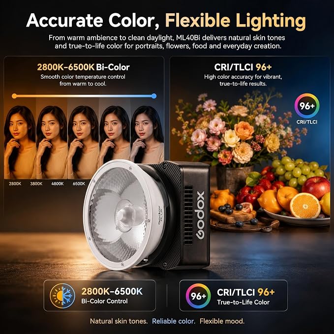 Godox ML40Bi Bi-Color LED Video Light, Portable COB Photography Light