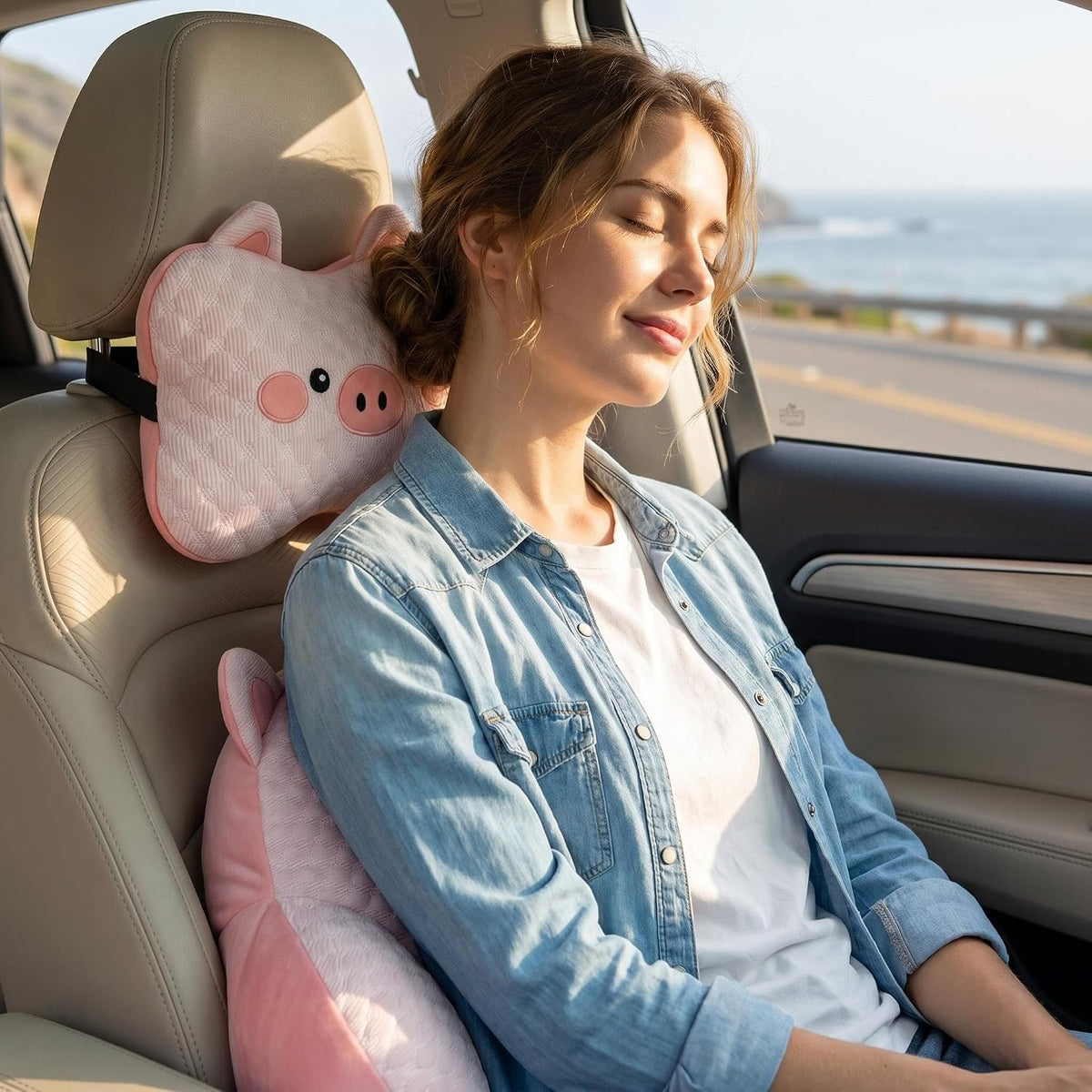 Car Neck Pillow and Lumbar Support Set, Cute Animal Soft Plush Ergonomic Back Cushion for Driving, Travel Seat Headrest Pillow(Set of 2) (Dog)