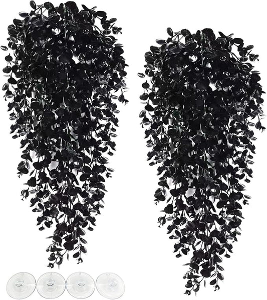 Hamiledyi Reptile Plants, 2 Pack Hanging Terrarium Plants, Artificial Leaves Habitat Decorations with Suction Cup, Fake Amphibian Plants for Bearded Dragon Lizard Hermit Crab Geckos Chameleon(Black)
