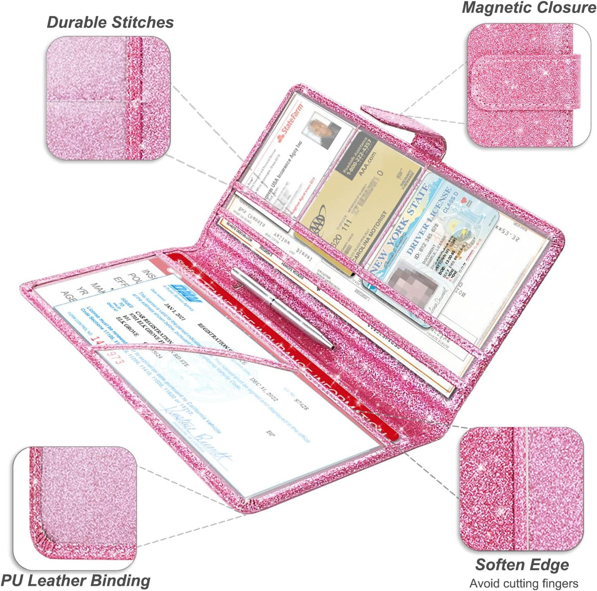 RSAquar Car Registration & Insurance Holder - Leather Glove Box Organizer, Cool Accessories for ID, Driver's License Cards & Docs, Men & Women, Pink Glitter