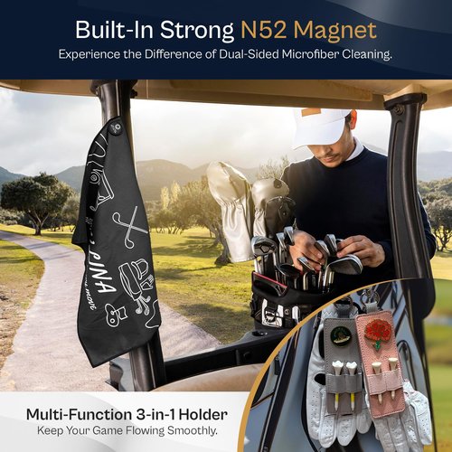 LEV LINA Magnetic Golf Towel for Bag, N52 Strong Magnet, 24" x 16" Dual-Sided Microfiber Waffle & Suede, Ultra Absorbent, with Tee Holder & Gift Box (Black)