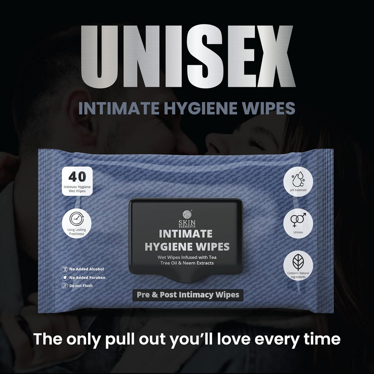 Skin Elements Intimate Hygiene Wipes - pH Balanced Wet Wipes with Tea Tree Oil & Neem Extracts | 40 Count