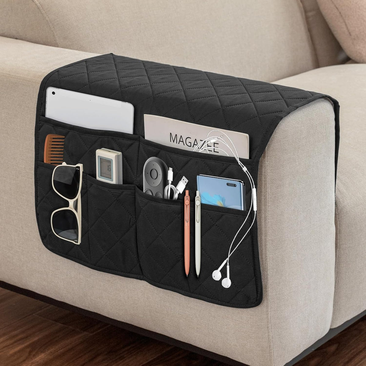 Remote Control Holder for Recliner, Armchair Caddy, Non Slip Sofa Armrest Organizer for Recliner Couch With 6 Pockets for TV Remote,Cell Phone,Magazine (Black)