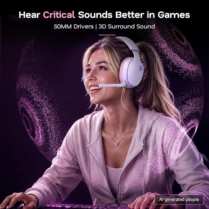 AOC 2.4GHz Wireless Gaming Headset for PS5, PS4, PC, Switch, 45Hr, Pink | Bluetooth 6.0 Gaming Headphones with Noise Canceling Mic, 7.1 Virtual Surround, Great for Fortnite & Call of Duty/FPS Gamers