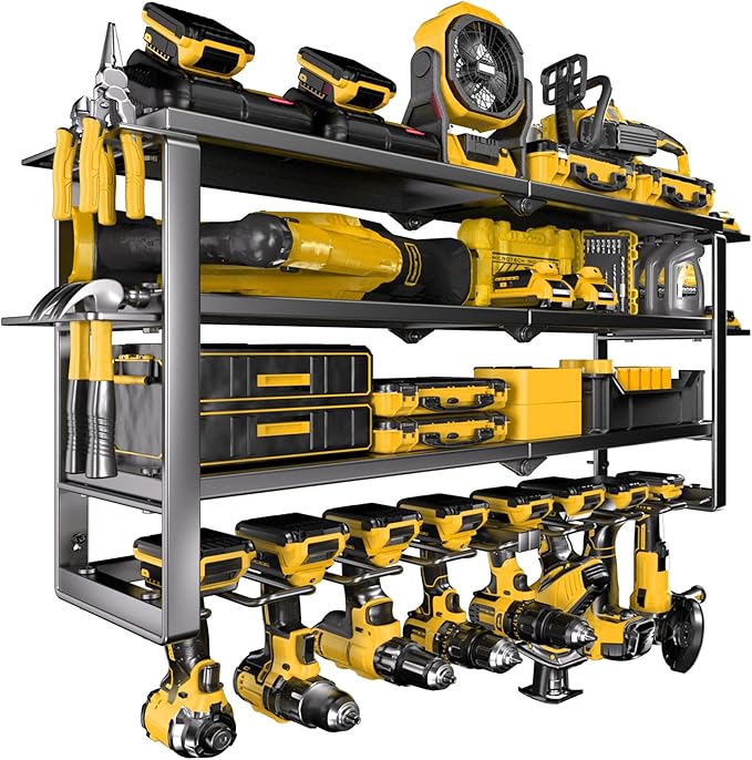 Spampur Large Power Tool Organizer Wall Mount, 4-Tier Rack with Charging Station & 8 Drill Holders, Garage Workshop Tool Storage, Gift for Husband/Dad