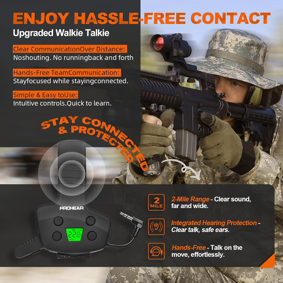 RH09 Bluetooth Walkie Talkie Upgrade Module - 3 Mile GMRS 2-Way Radio, 22 Channels, USB-C Rechargeable | Compatible with PROHEAR, ZOHAN & Howard Leight Impact Sport