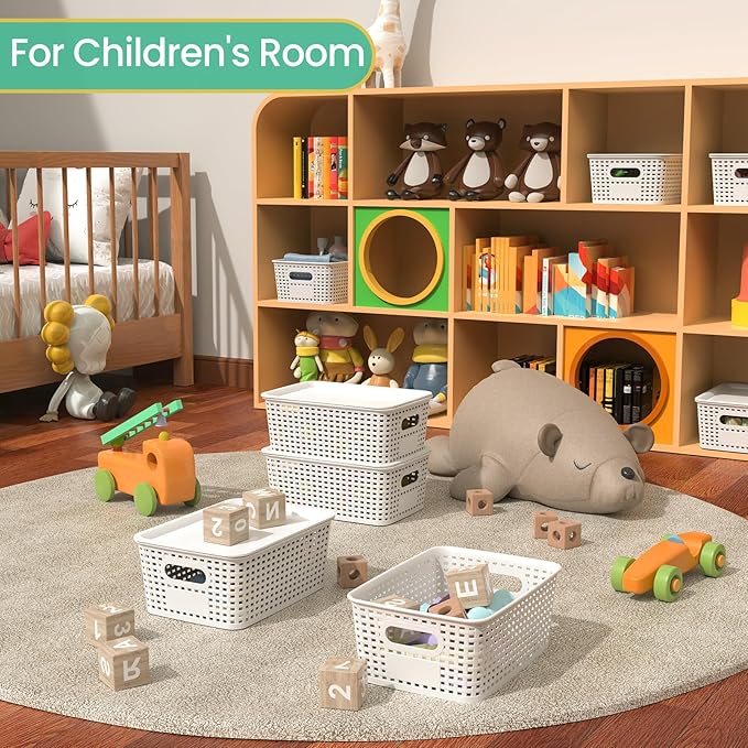 Plastic Storage Baskets with Lid-Plastic Storage Containers Stackable Storage bins: Storage Baskets for Organizing Shelves Drawers Desktop Closet Playroom Classroom Office,8 Pack-White10.2x7.2x4.1Inch